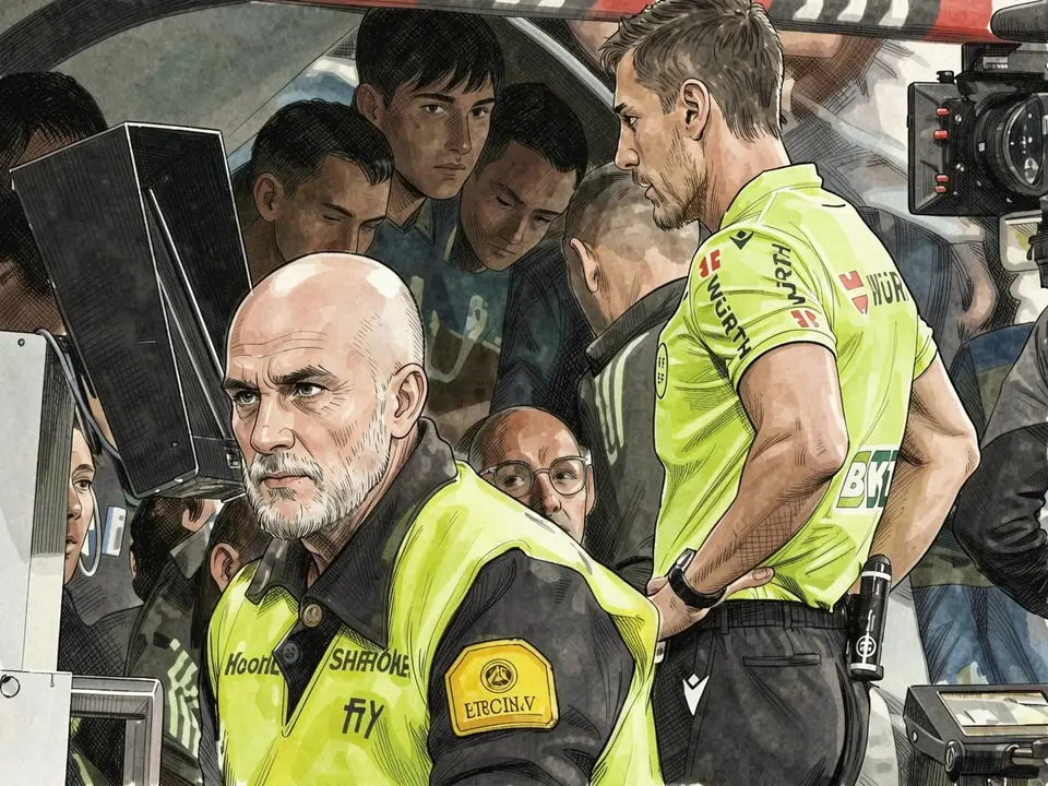 VAR-Schiedsrichter Slavko Vincic und Assistent besprechen eine Entscheidung am VAR-Monitor