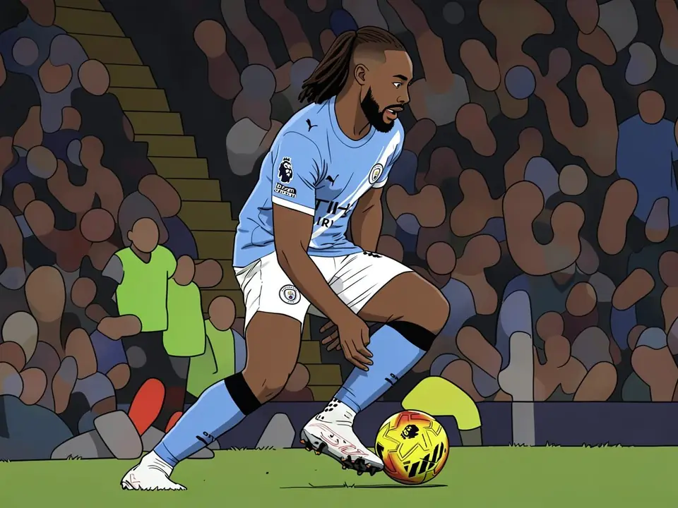 Spieler von Manchester City in hellblauer Trikots mit Ball