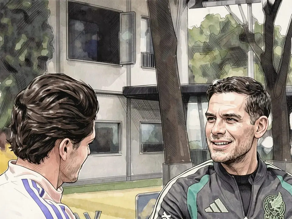 Rafael Marquez in Mexico national team training gear talking with a teammate at training