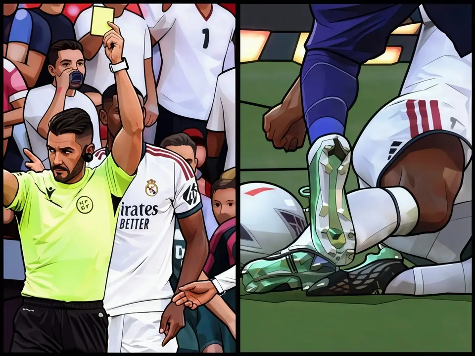 Referee Ortiz Arias shows a yellow card to a Real Madrid player during the Atletico match