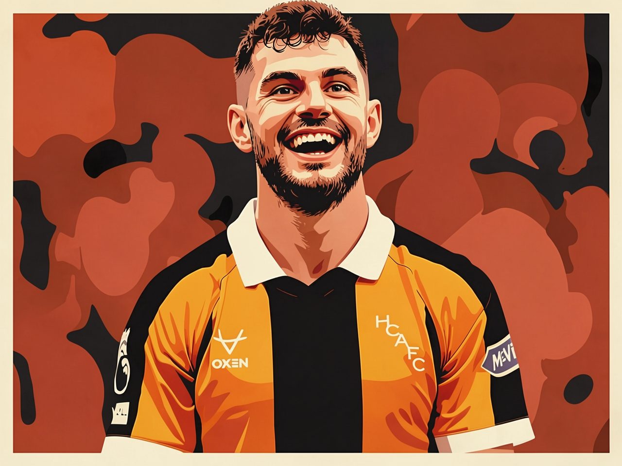 John Egan in Hull City's orange and black kit smiles against a camouflage background
