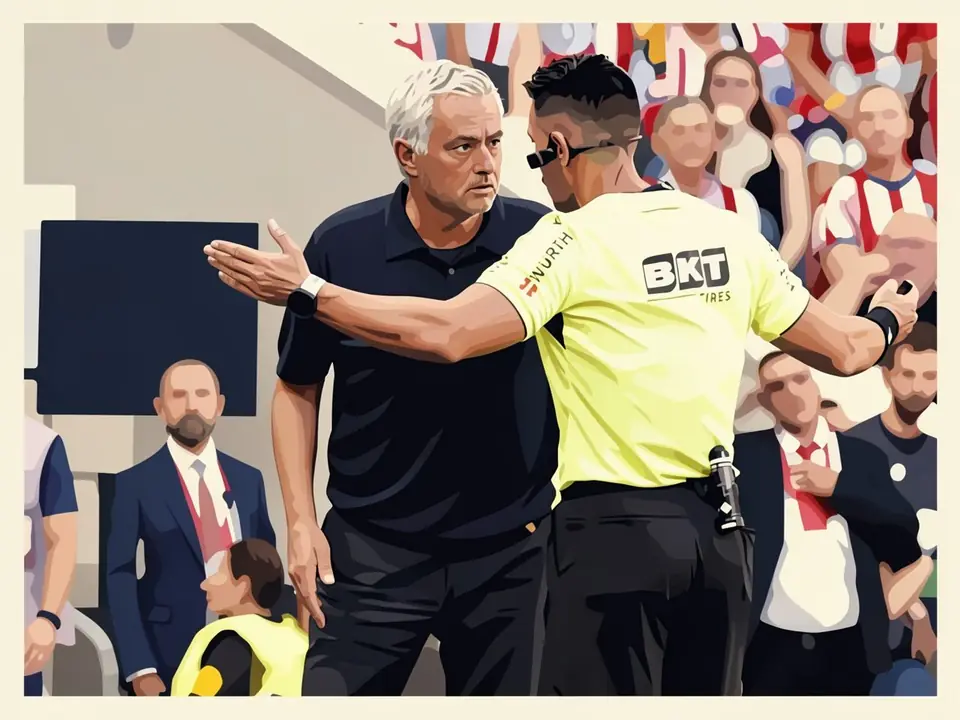 Mourinho in black arguing with referee in yellow shirt at stadium