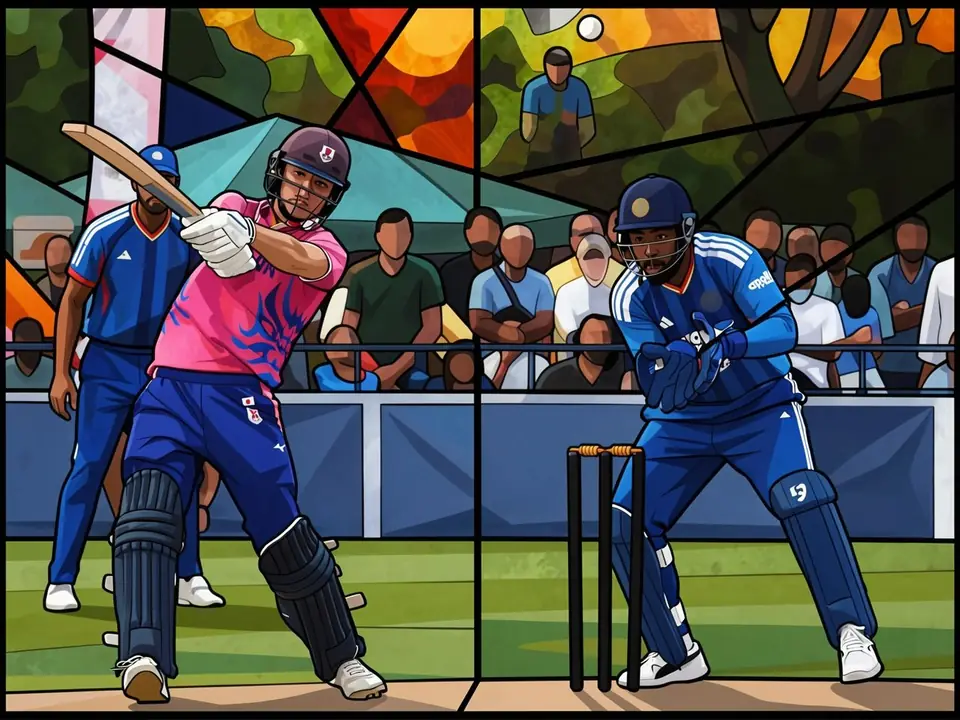 Indischer Spieler in Blau verteidigt die Stumps, japanischer Spieler in Rosa schlägt den Ball