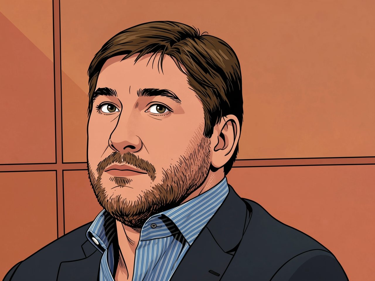 Alexander Koschewnikow, zweifacher Olympiasieger, in blauem Hemd und dunklem Sakko vor orangefarbenem Hintergrund