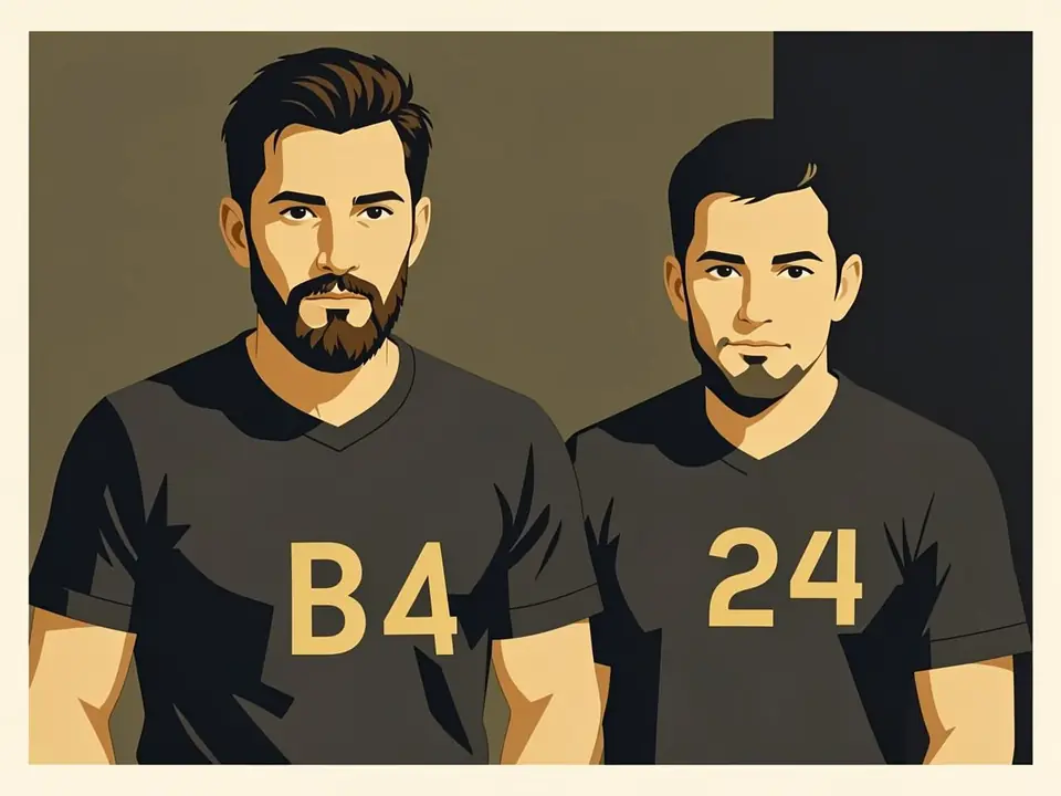 Two people in dark grey shirts with gold text «В4» and «24» — Fonbet promotional merchandise