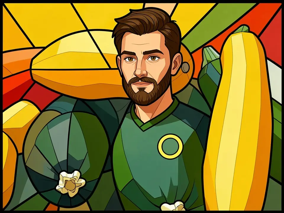 Omsk Krylya player in green kit holding zucchinis against a rainbow background