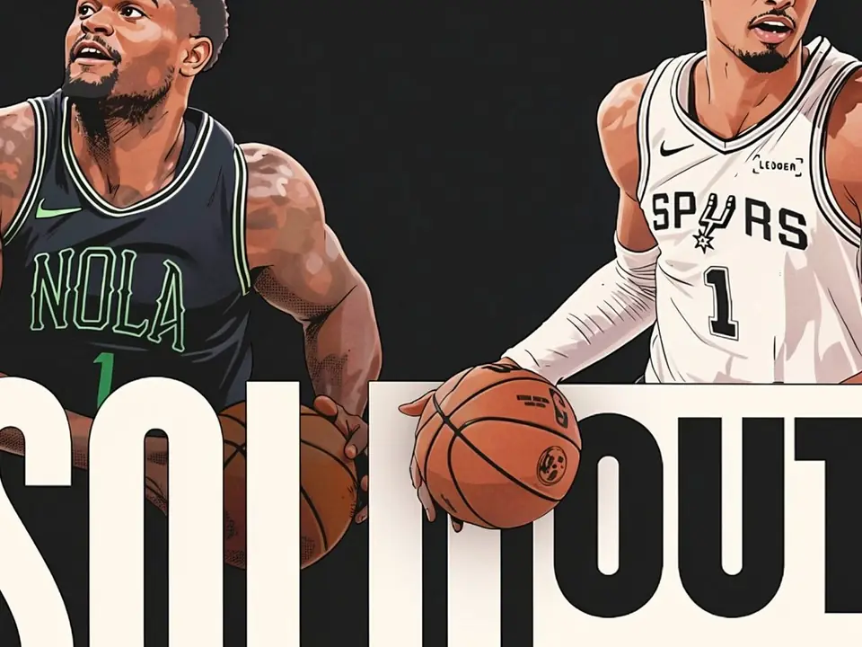 Basketballspieler von New Orleans und San Antonio mit Bällen vor SOLD OUT-Hintergrund