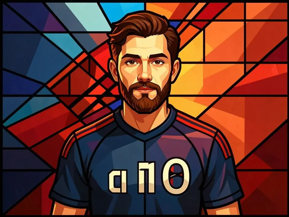 Man in blue sports jersey with red shoulder stripes and 'a 10' text against a colorful geometric background