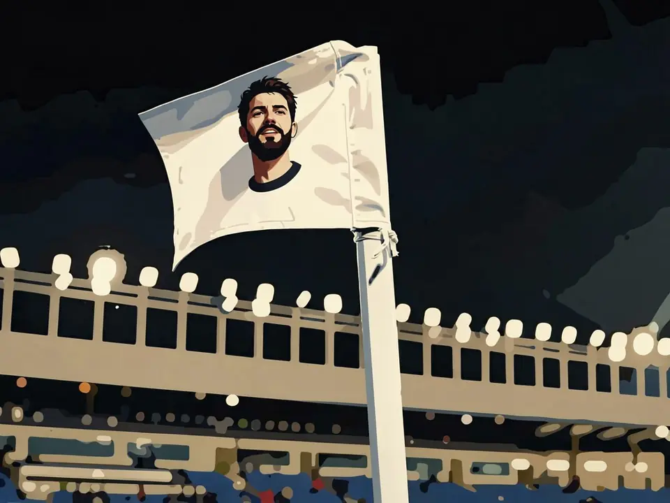 Flag with journalist Juanma Castaño's portrait against a stadium backdrop
