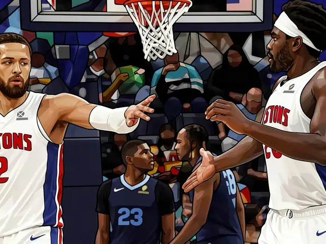 Кейд Каннингем и Айзейя Стюарт в форме «Детройта» спорят под кольцом с игроками «Мемфиса»