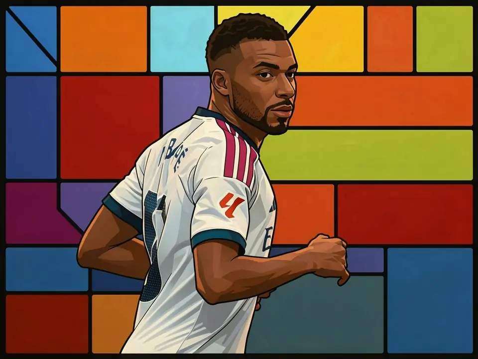 Footballer in white Real Madrid kit with pink stripes against colorful panels