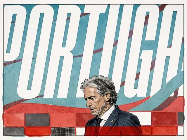 Тренер Жорже Жезуш в костюме на фоне стадиона с надписью PORTUGAL
