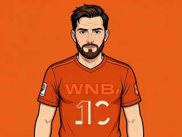 Мужской баскетболист в оранжевой форме с надписью WNB и номером 1C на фоне оранжевого цвета