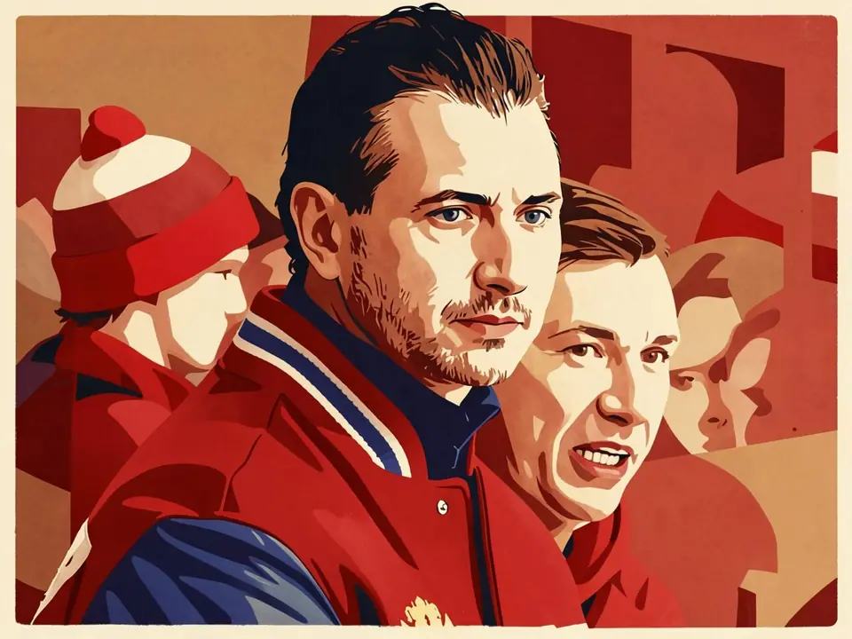 Roman Rotenberg in roter Jacke mit blauem Kragen, neben Alexander Semin und Anton Khudobin beim Sokol-Training