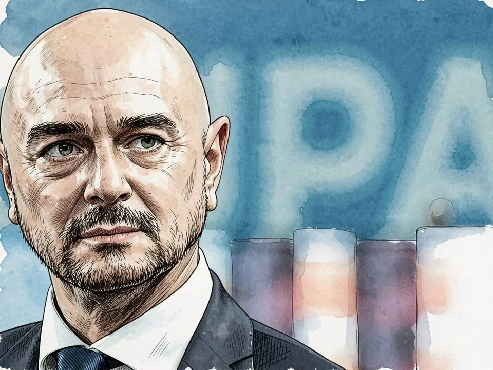 Daniel Levy in a suit against a blue sky with ENIC letters
