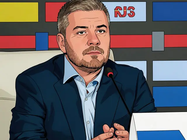 Михаил Кравец, главный тренер «Барыса», на пресс-конференции. Синий пиджак, светлая рубашка, микрофон.