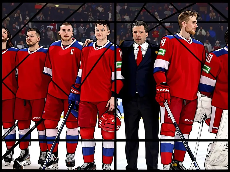 Russische Hockeynationalmannschaft in roten Trikots mit Trainer auf dem Eis