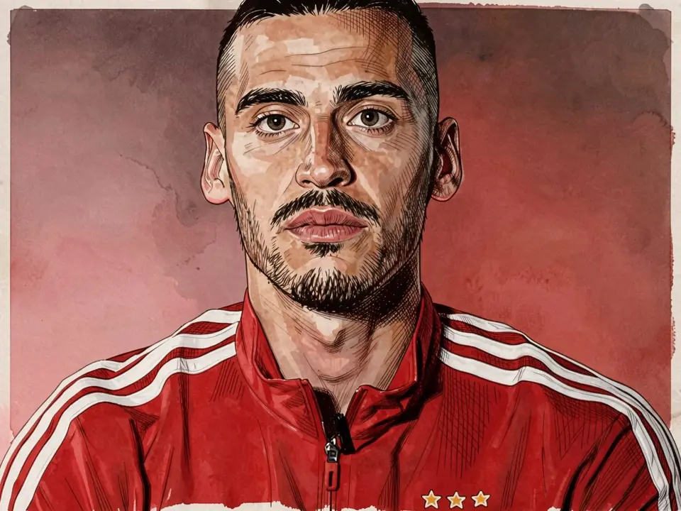 Spieler von GD Lora in rotem Adidas-Trikot mit drei Sternen. Porträt des Fußballers nach dem Spiel gegen Roriz.