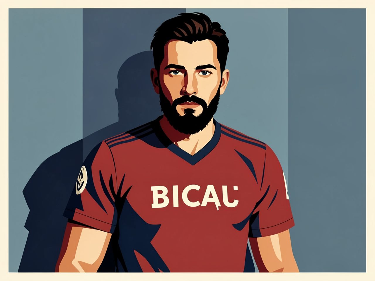 Fussballspieler in rotem Trikot mit BICAU-Aufschrift, vor blauem Hintergrund
