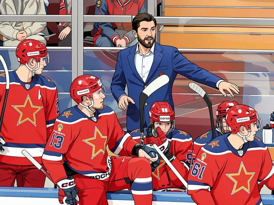 CSKA coach in blue suit gives instructions to players in red jerseys with yellow star on the bench.