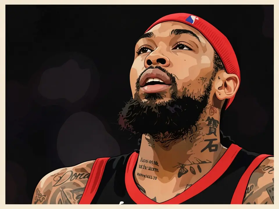 Brandon Ingram in a red beanie and black-red jersey with neck and arm tattoos