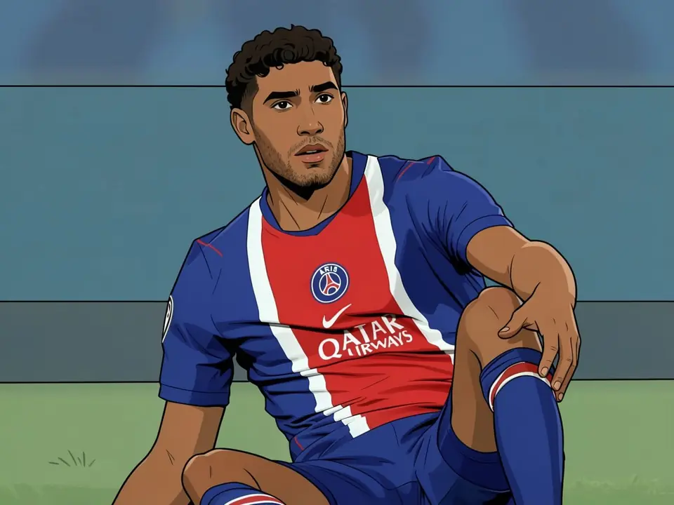 Hakimi sits on the pitch in PSG kit — blue, red and white. The player looks up with a concerned expression on his face.