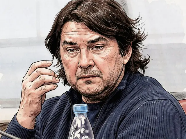 Портрет мужчины с темными волосами в синем свитере за столом с микрофоном.