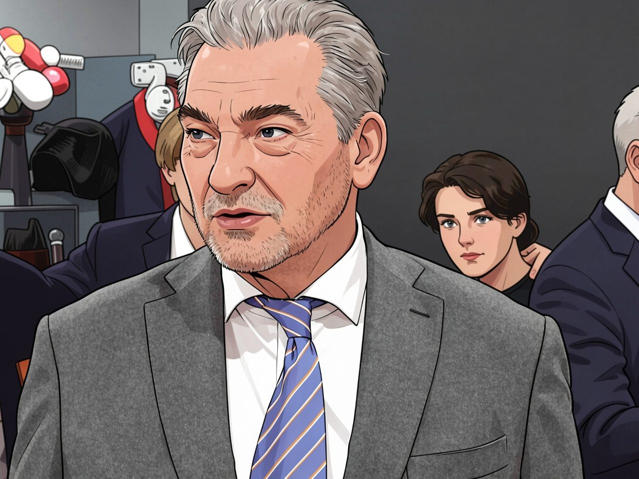 Ice hockey federation president Vladislav Tretiak in a grey suit and tie at an arena