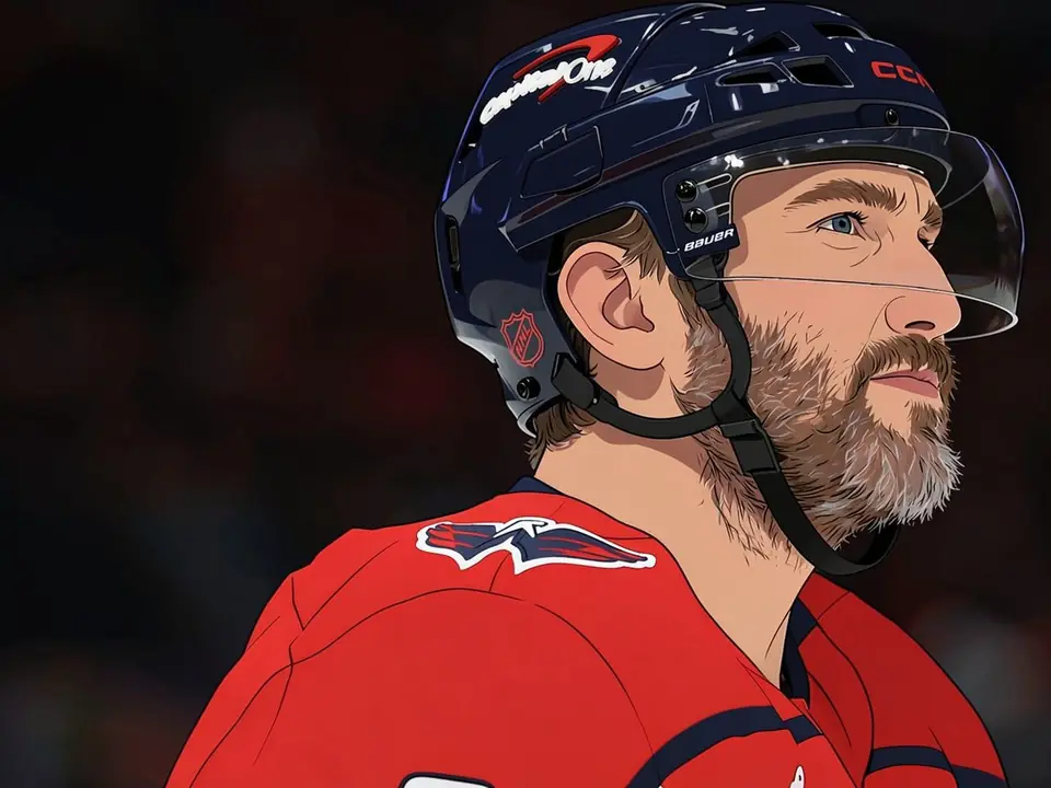 Alexander Ovechkin in rotem Washington Capitals-Trikot und blauem Helm, zur Seite blickend