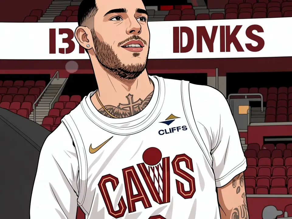 Лонзо Болл в белой форме «Кавальерс» с надписью «CAVS» и логотипом «CLIFFS» на арене «Rocket Mortgage FieldHouse»