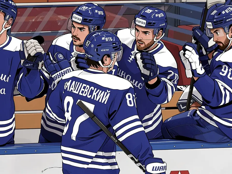 Moscow Dynamo hockey players in blue kits on the bench. Mashnev (87) stands with his back turned while teammates discuss the game.