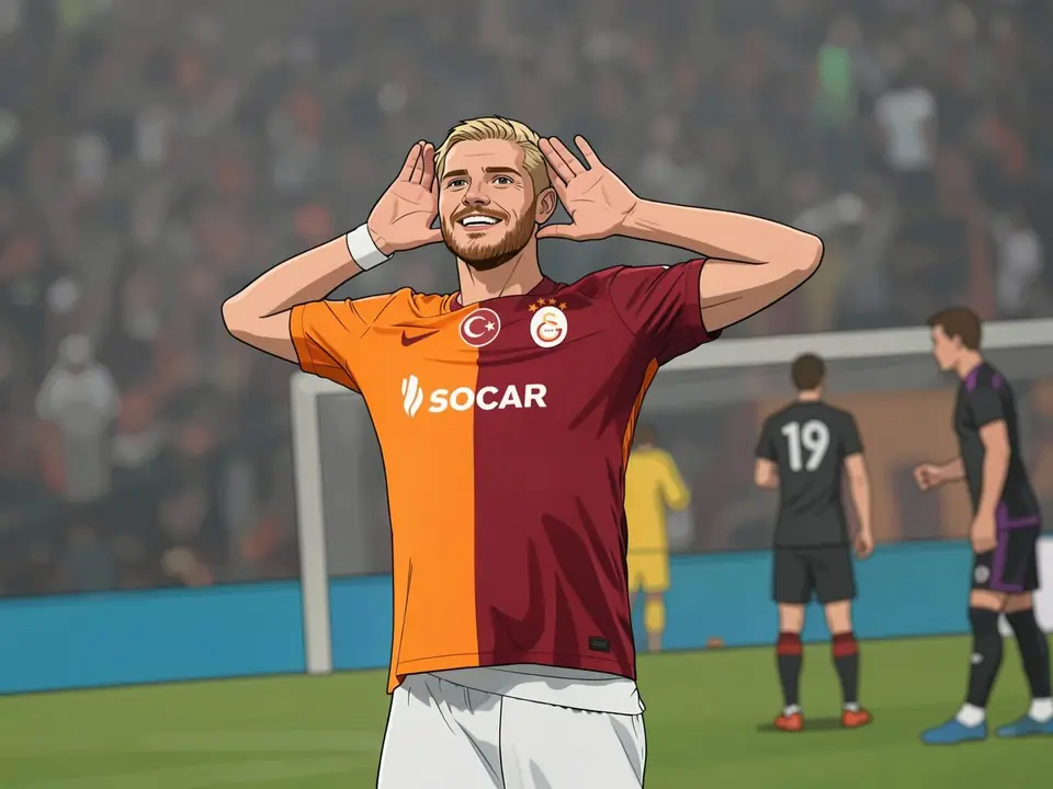 Mauro Icardi in Galatasaray's orange-maroon SOCAR kit, hands to ears, stadium and opponents in background
