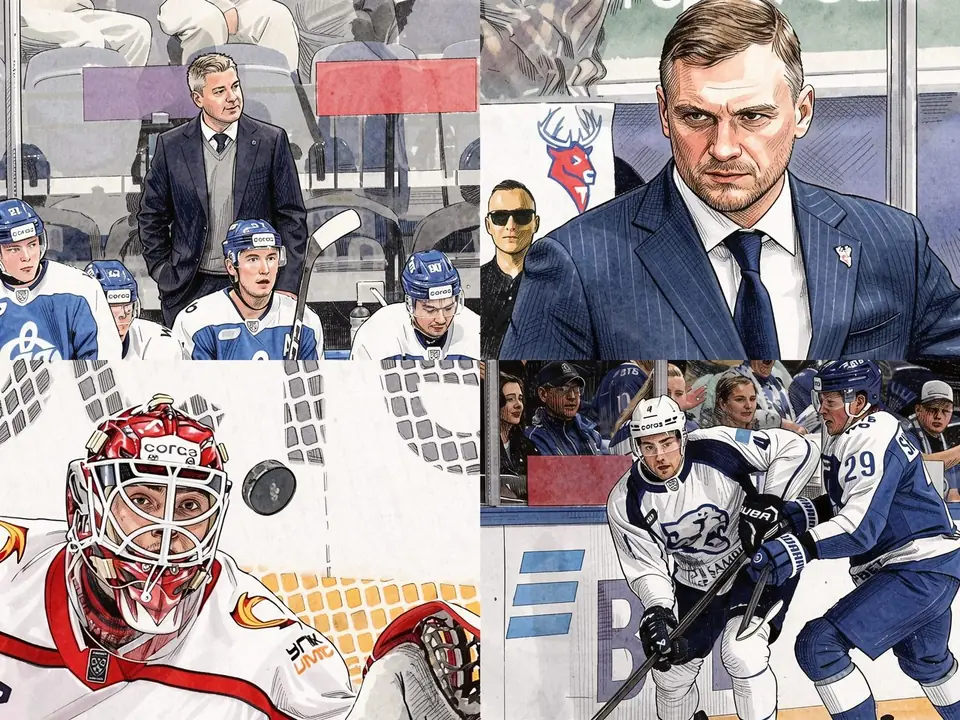 Dynamo hockey players in blue and white kits on the bench and in play. Opponent's goalie in red gear near the net. Coach in a suit watches the match.