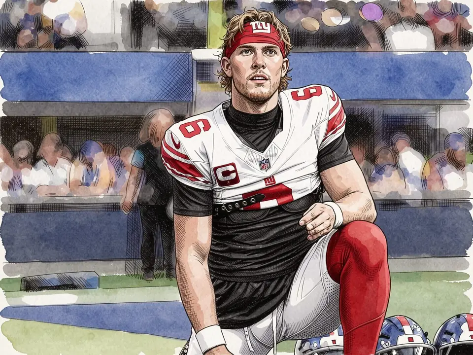 Jackson Dart in Giants-Uniform sitzt mit Knieverletzung auf der Bank