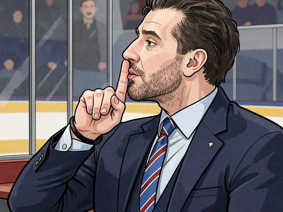 Roman Rotenberg in a suit and tie makes a 'shush' gesture beside the ice rink boards