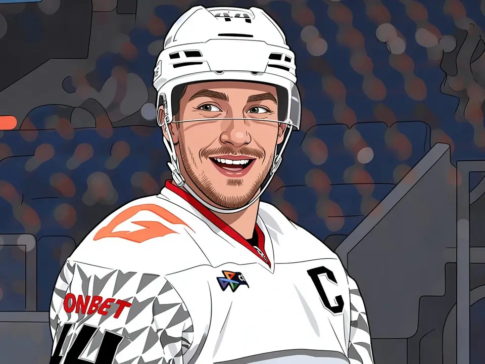 Avangard captain Damir Sharipzyanov in white team kit with captain's 'C' smiles at the arena.
