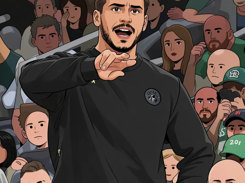 Celtics-Trainer Mazzulla in schwarzem Trainingsoberteil zeigt mit dem Finger, im Hintergrund sind Zuschauer zu sehen.