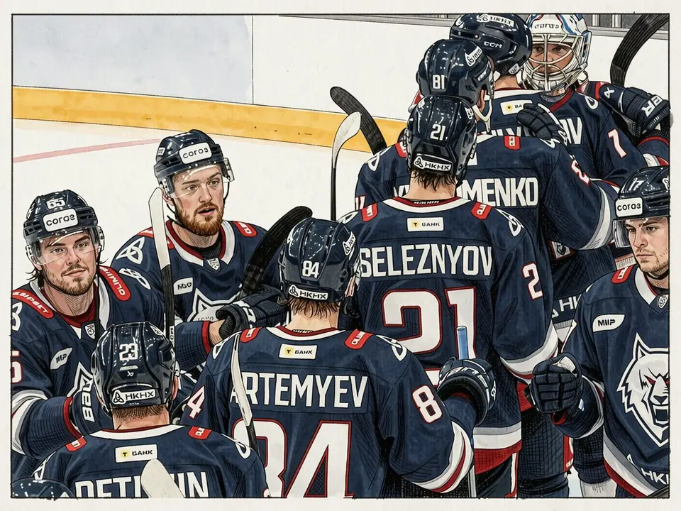 Neftekhimik players in blue jerseys with a wolf logo celebrate.