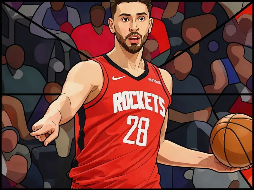 Alperen Sengun in red Rockets jersey number 28 holds a basketball and points his hand