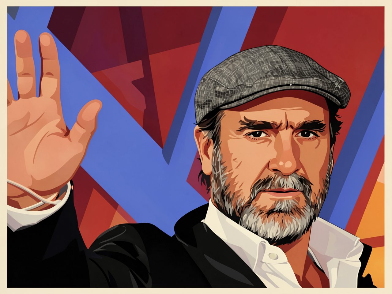 Eric Cantona waves his hand against a blue and red background.