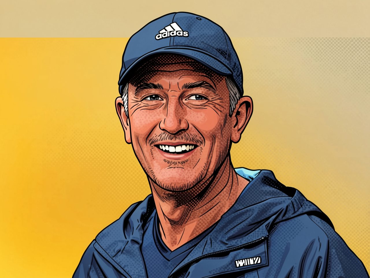 Roberto De Zerbi in a blue cap and jacket against a yellow background.