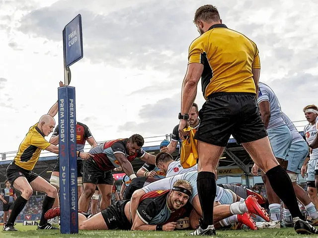 Ein Rugby-Spiel. Ein Schiedsrichter in Gelb beobachtet, wie Spieler in der Nähe einer blauen Werbetafel tackeln.