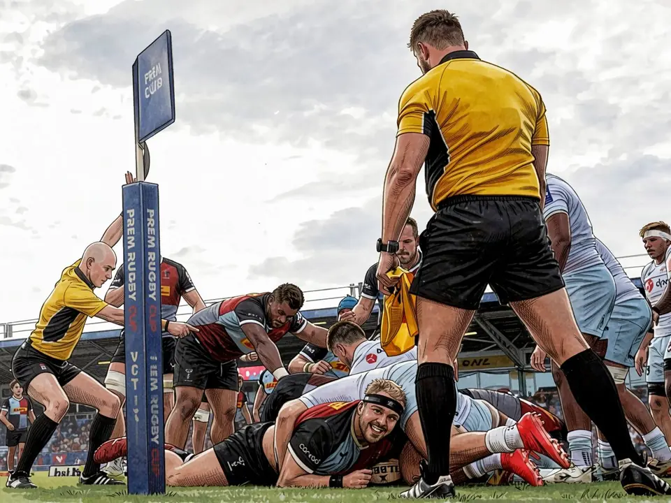 Ein Rugby-Spiel. Ein Schiedsrichter in Gelb beobachtet, wie Spieler in der Nähe einer blauen Werbetafel tackeln.