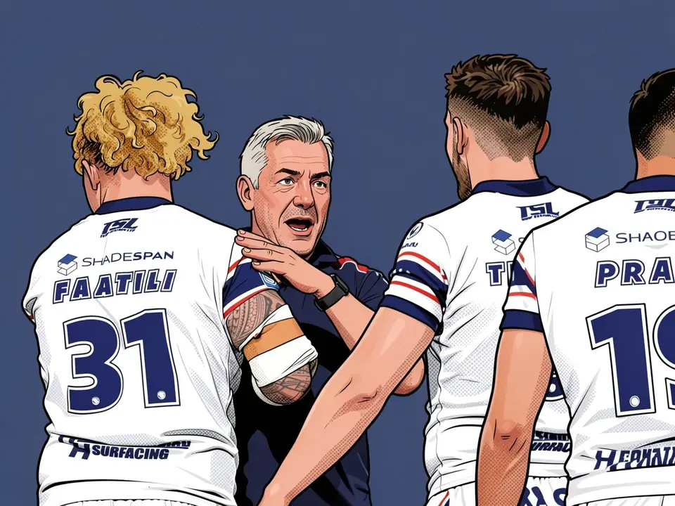 Тренер Дарил Пауэлл разговаривает с игроками Wakefield Trinity перед матчем