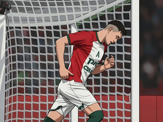 Lokomotiv defender Cesar Montes in the red and white kit runs on the pitch in front of the goal.