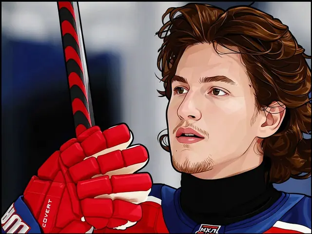 Landon Dupont von MHC Spartak in blauem Trikot mit Eishockeyschläger.