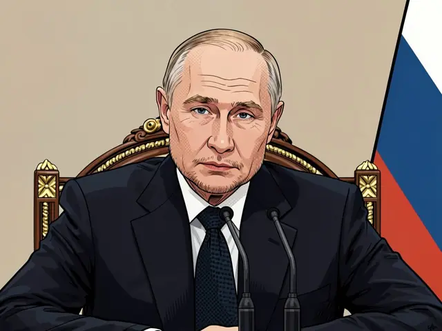 Wladimir Putin an einem Tisch mit Mikrofonen, russische Flagge daneben