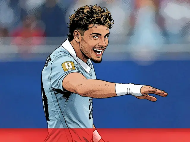 Uruguayan footballer in blue kit celebrating on the pitch