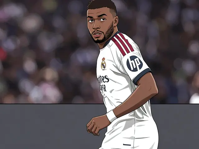 Kylian Mbappé in a white Real Madrid kit running on the pitch during a match