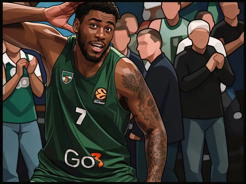 Moses Wright in a green Zalgiris jersey with number 7, his hand on his head